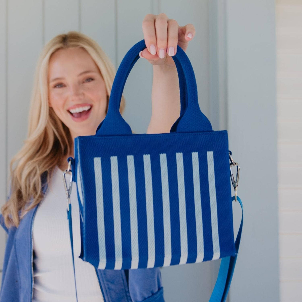 Blue Striped Structured Mini Tote