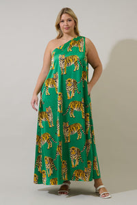 Glena Pleated Green Tiger Maxi Dress