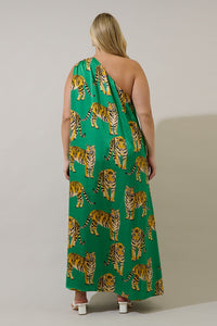 Glena Pleated Green Tiger Maxi Dress