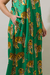 Glena Pleated Green Tiger Maxi Dress